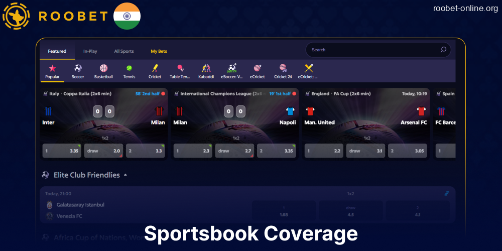 Sports betting options available on Roobet for players from India